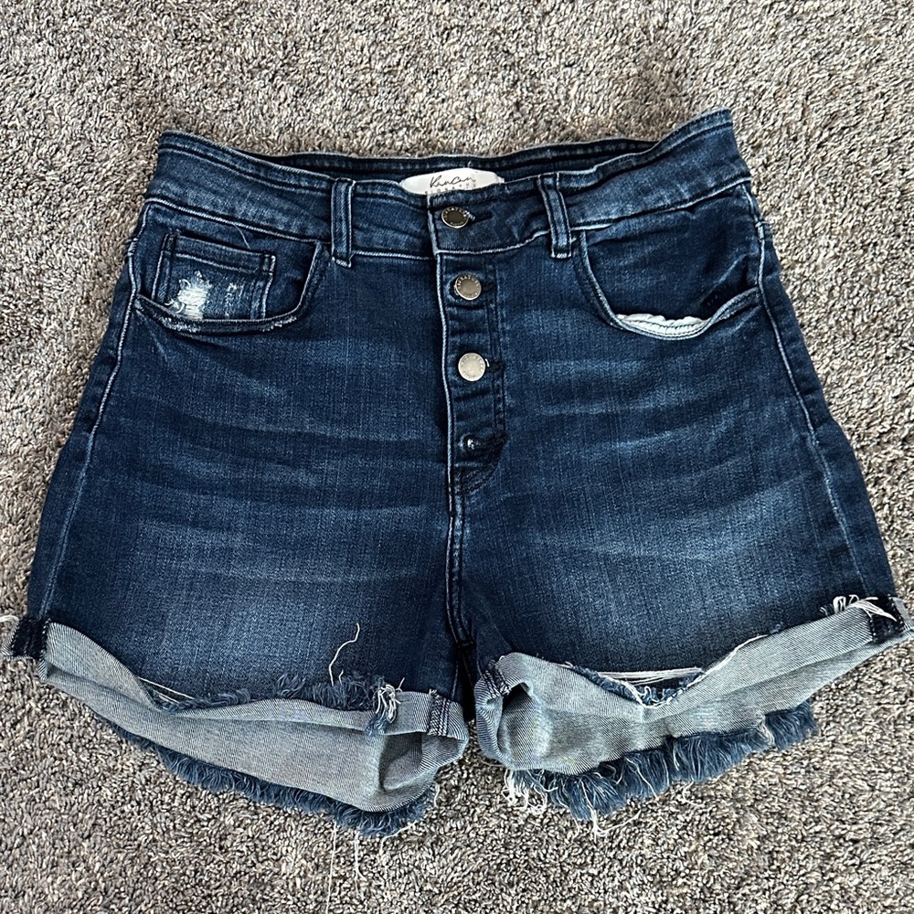 KanCan Indigo Button-Front Rolled Hem Denim Shorts